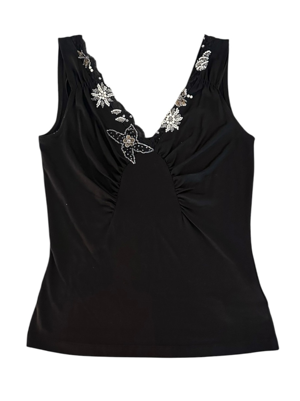 Vintage Nine West Black Silk Cotton Beaded V-Neck Ruched Tank Top